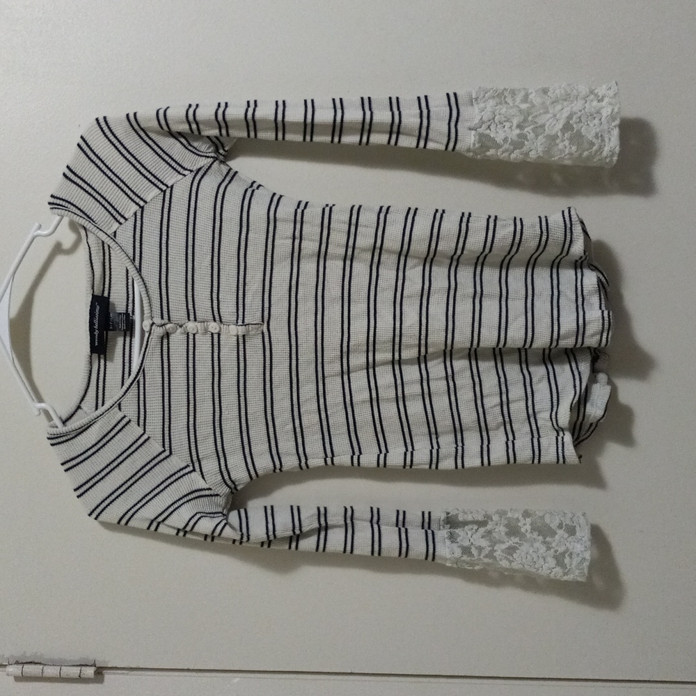 Wendy Bellissimo Cream and Black Striped Thermal Top with Lace Bottom Sleeves!